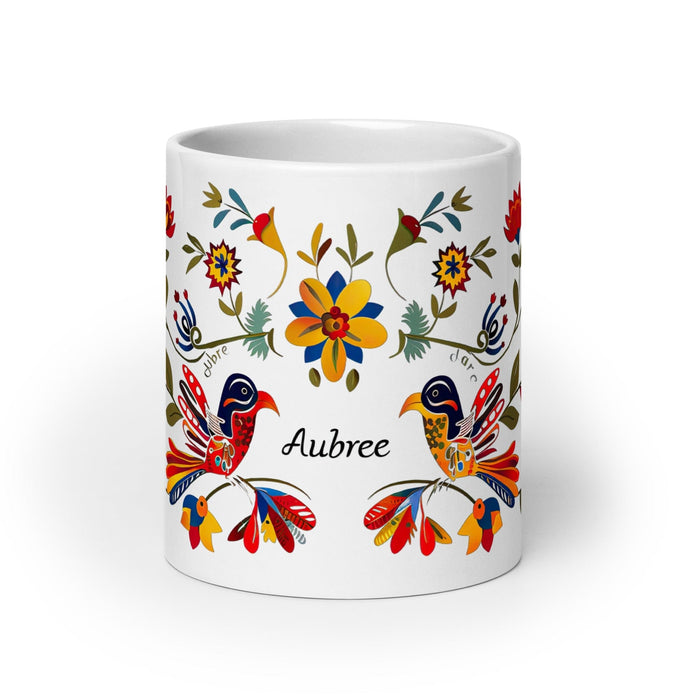 Aubree Exclusive Name Art Piece Home Office Work Coffee Mug Mexican Spanish Pride Gift Cup One-Of-A-Kind Calligraphy White Glossy Mug | A14 Mexicada