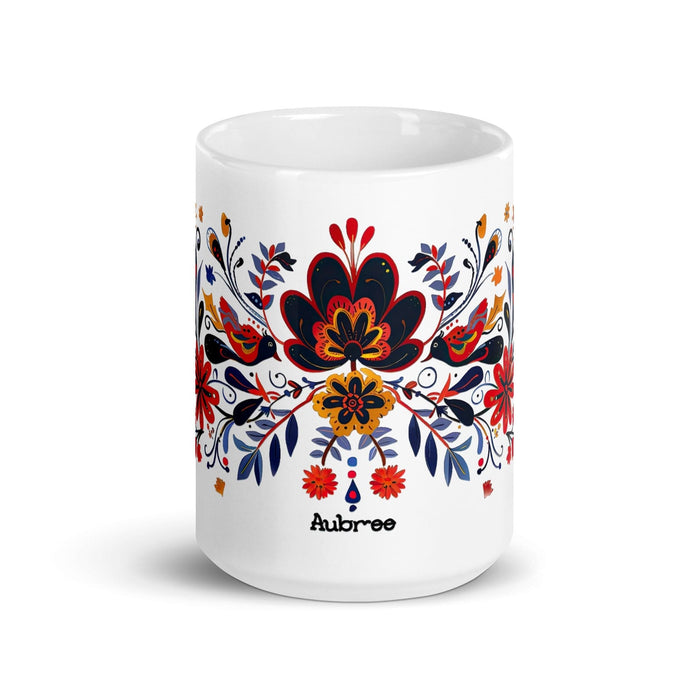 Aubree Exclusive Name Art Piece Home Office Work Coffee Mug Mexican Spanish Pride Gift Cup One-Of-A-Kind Calligraphy White Glossy Mug | A15 Mexicada