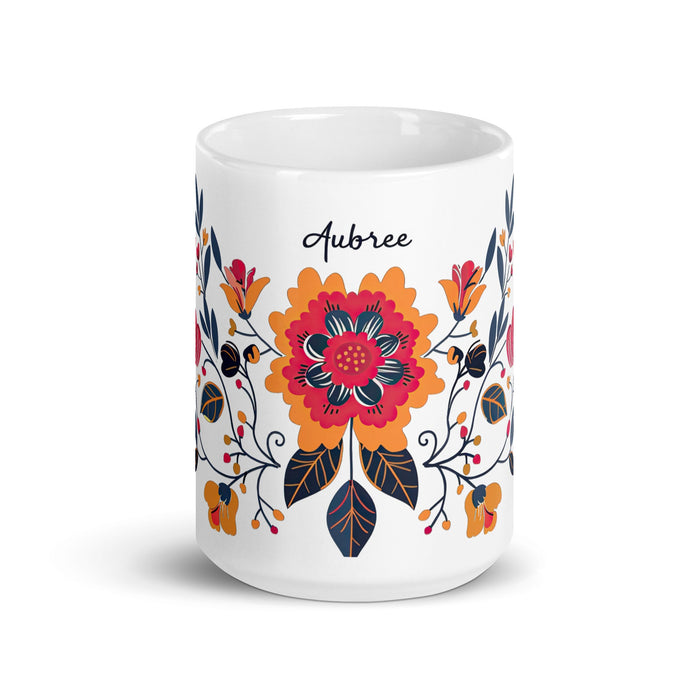 Aubree Exclusive Name Art Piece Home Office Work Coffee Mug Mexican Spanish Pride Gift Cup One - Of - A - Kind Calligraphy White Glossy Mug | A16 - Mexicada