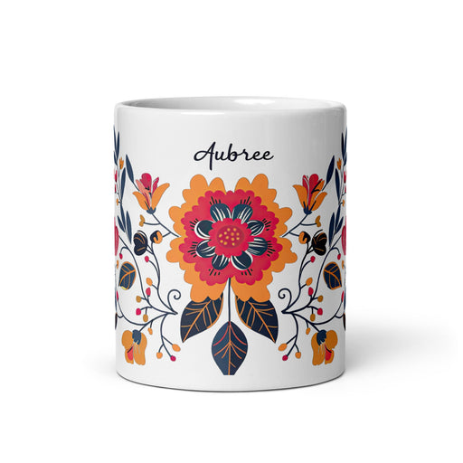 Aubree Exclusive Name Art Piece Home Office Work Coffee Mug Mexican Spanish Pride Gift Cup One - Of - A - Kind Calligraphy White Glossy Mug | A16 - Mexicada