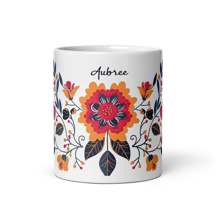 Aubree Exclusive Name Art Piece Home Office Work Coffee Mug Mexican Spanish Pride Gift Cup One-Of-A-Kind Calligraphy White Glossy Mug | A16 Mexicada