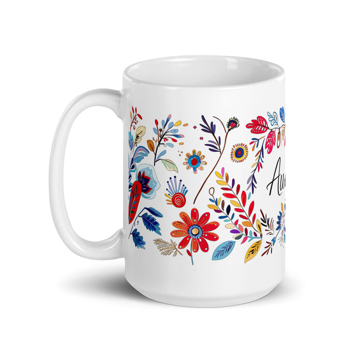 Aubree Exclusive Name Art Piece Home Office Work Coffee Mug Mexican Spanish Pride Gift Cup One - Of - A - Kind Calligraphy White Glossy Mug | A17 - Mexicada