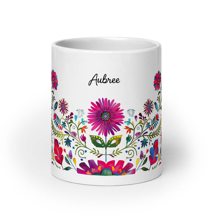 Aubree Exclusive Name Art Piece Home Office Work Coffee Mug Mexican Spanish Pride Gift Cup One-Of-A-Kind Calligraphy White Glossy Mug | A19 Mexicada