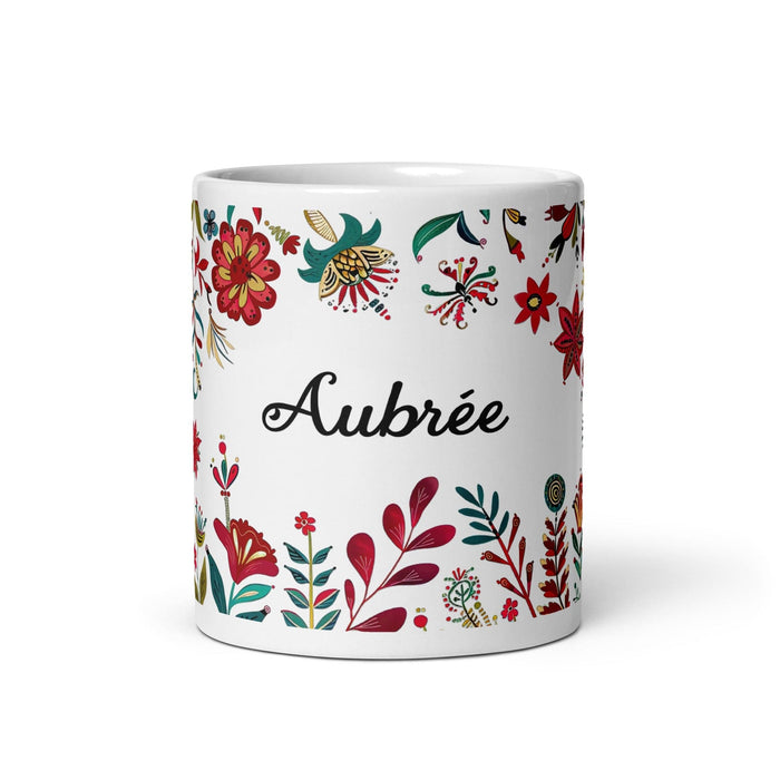 Aubree Exclusive Name Art Piece Home Office Work Coffee Mug Mexican Spanish Pride Gift Cup One-Of-A-Kind Calligraphy White Glossy Mug | A2 Mexicada