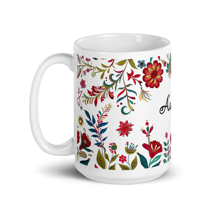 Aubree Exclusive Name Art Piece Home Office Work Coffee Mug Mexican Spanish Pride Gift Cup One-Of-A-Kind Calligraphy White Glossy Mug | A2 Mexicada