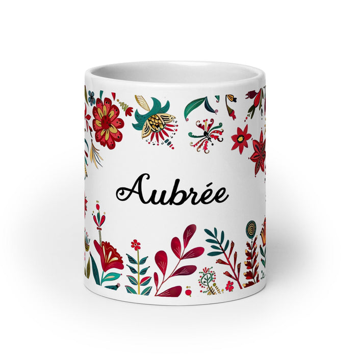 Aubree Exclusive Name Art Piece Home Office Work Coffee Mug Mexican Spanish Pride Gift Cup One-Of-A-Kind Calligraphy White Glossy Mug | A2 Mexicada