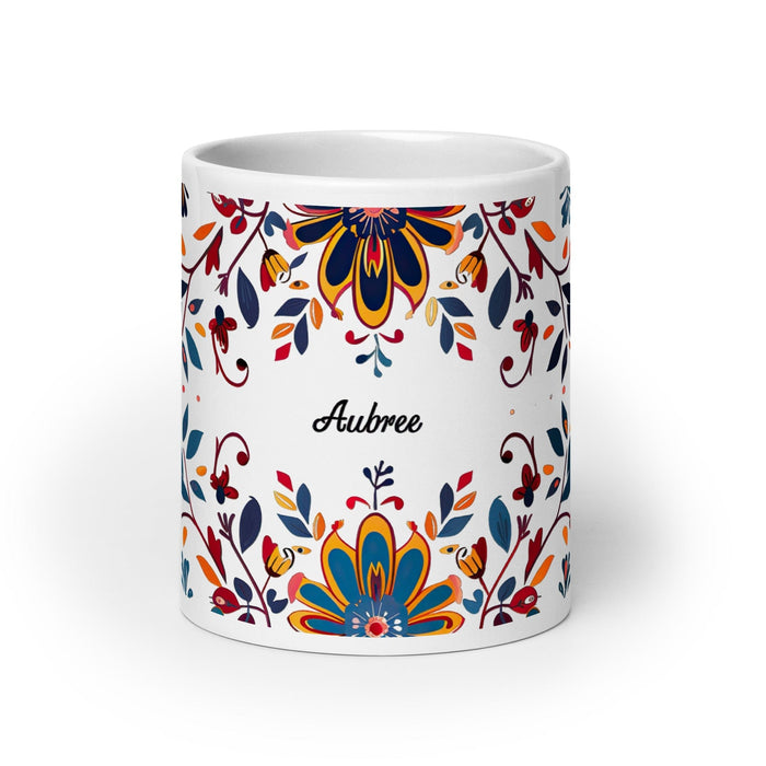 Aubree Exclusive Name Art Piece Home Office Work Coffee Mug Mexican Spanish Pride Gift Cup One-Of-A-Kind Calligraphy White Glossy Mug | A20 Mexicada