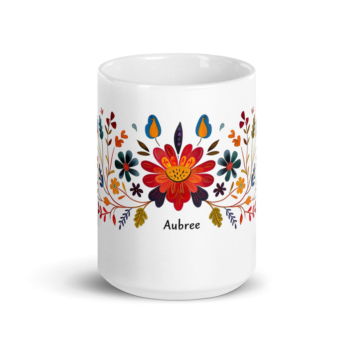 Aubree Exclusive Name Art Piece Home Office Work Coffee Mug Mexican Spanish Pride Gift Cup One-Of-A-Kind Calligraphy White Glossy Mug | A21 Mexicada