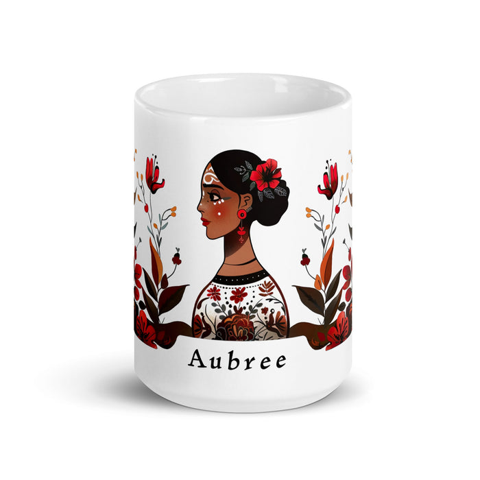 Aubree Exclusive Name Art Piece Home Office Work Coffee Mug Mexican Spanish Pride Gift Cup One - Of - A - Kind Calligraphy White Glossy Mug | A22 - Mexicada