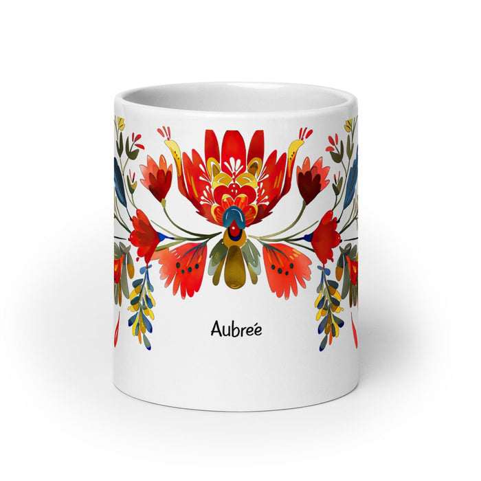 Aubree Exclusive Name Art Piece Home Office Work Coffee Mug Mexican Spanish Pride Gift Cup One-Of-A-Kind Calligraphy White Glossy Mug | A30 Mexicada