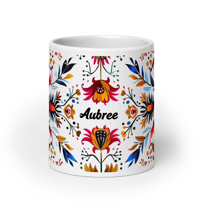 Aubree Exclusive Name Art Piece Home Office Work Coffee Mug Mexican Spanish Pride Gift Cup One - Of - A - Kind Calligraphy White Glossy Mug | A32 - Mexicada