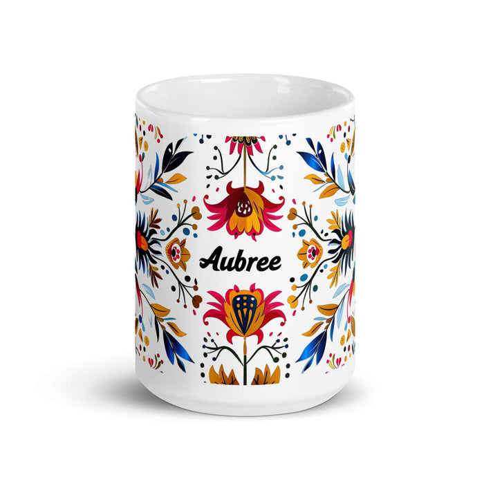 Aubree Exclusive Name Art Piece Home Office Work Coffee Mug Mexican Spanish Pride Gift Cup One-Of-A-Kind Calligraphy White Glossy Mug | A32 Mexicada