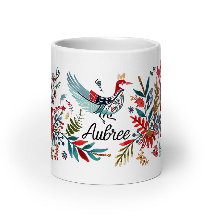 Aubree Exclusive Name Art Piece Home Office Work Coffee Mug Mexican Spanish Pride Gift Cup One-Of-A-Kind Calligraphy White Glossy Mug | A36 Mexicada