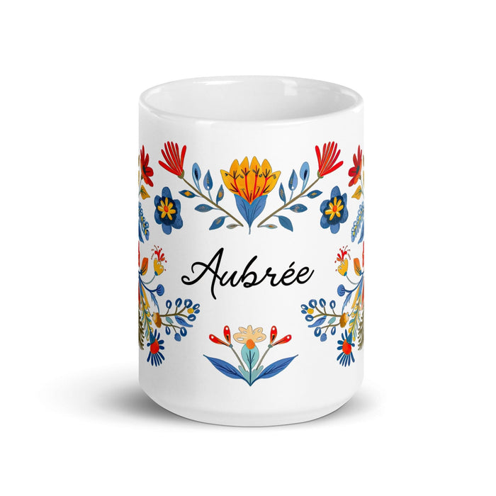 Aubree Exclusive Name Art Piece Home Office Work Coffee Mug Mexican Spanish Pride Gift Cup One-Of-A-Kind Calligraphy White Glossy Mug | A5 Mexicada