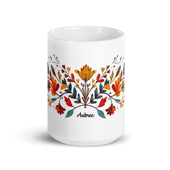 Aubree Exclusive Name Art Piece Home Office Work Coffee Mug Mexican Spanish Pride Gift Cup One-Of-A-Kind Calligraphy White Glossy Mug | A6 Mexicada