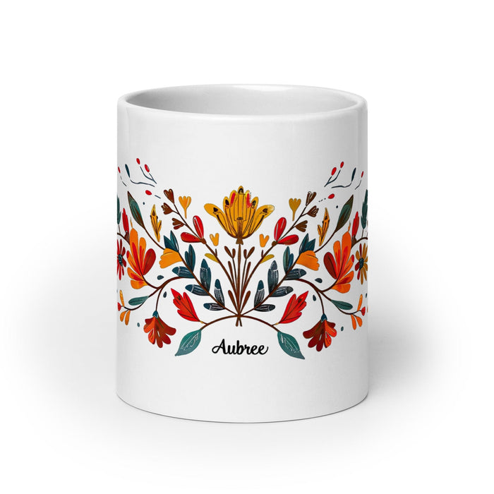 Aubree Exclusive Name Art Piece Home Office Work Coffee Mug Mexican Spanish Pride Gift Cup One-Of-A-Kind Calligraphy White Glossy Mug | A6 Mexicada