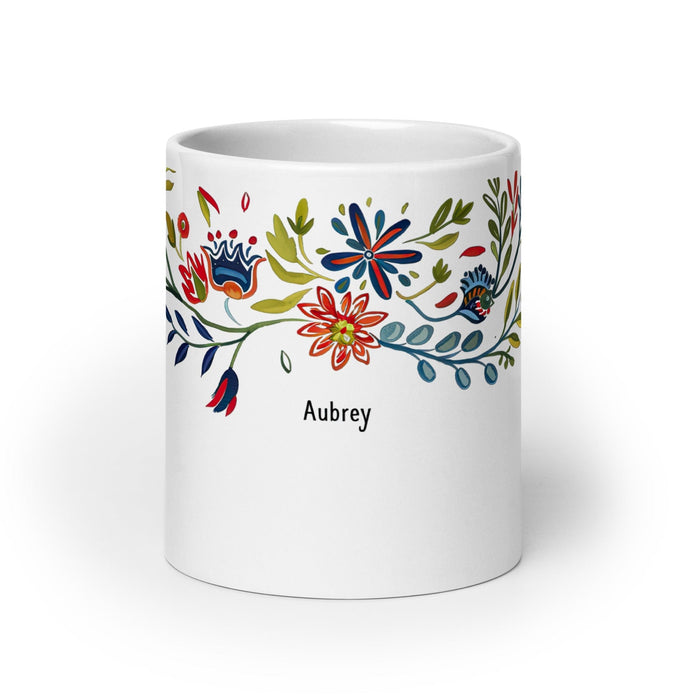 Aubrey Exclusive Name Art Piece Home Office Work Coffee Mug Mexican Spanish Pride Gift Cup One-Of-A-Kind Calligraphy White Glossy Mug | A1 Mexicada