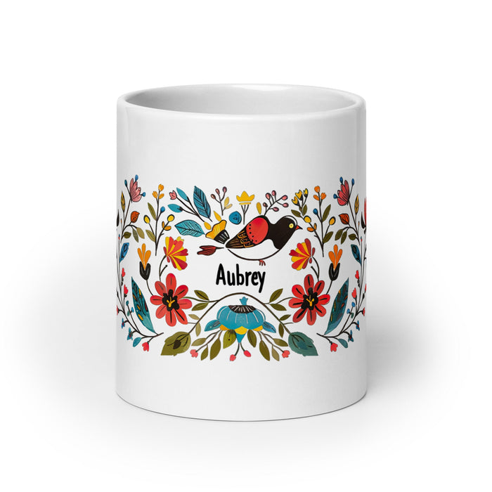 Aubrey Exclusive Name Art Piece Home Office Work Coffee Mug Mexican Spanish Pride Gift Cup One - Of - A - Kind Calligraphy White Glossy Mug | A13 - Mexicada