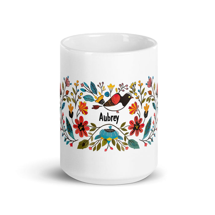 Aubrey Exclusive Name Art Piece Home Office Work Coffee Mug Mexican Spanish Pride Gift Cup One-Of-A-Kind Calligraphy White Glossy Mug | A13 Mexicada