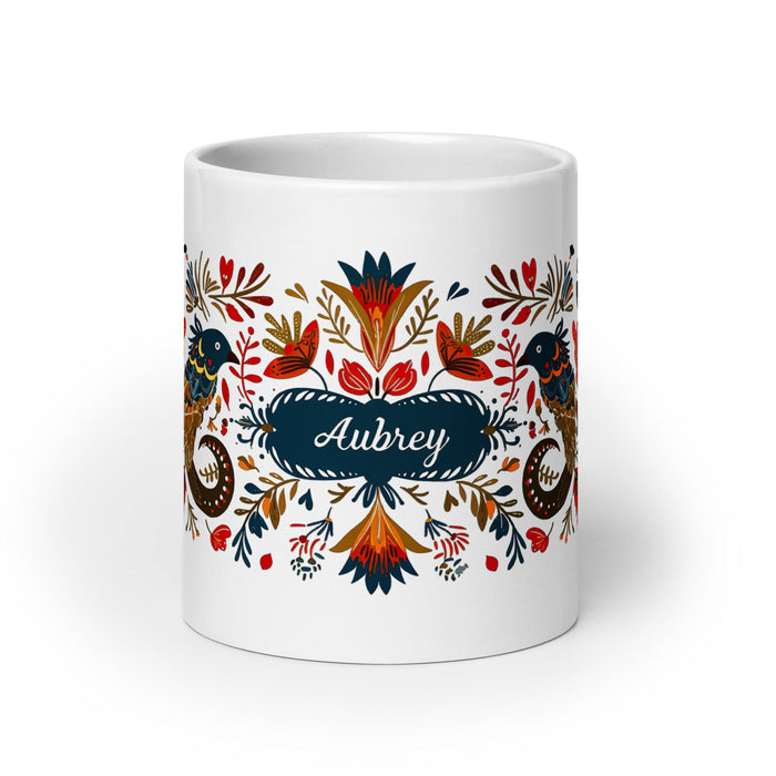 Aubrey Exclusive Name Art Piece Home Office Work Coffee Mug Mexican Spanish Pride Gift Cup One - Of - A - Kind Calligraphy White Glossy Mug | A16 - Mexicada