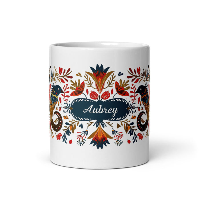 Aubrey Exclusive Name Art Piece Home Office Work Coffee Mug Mexican Spanish Pride Gift Cup One - Of - A - Kind Calligraphy White Glossy Mug | A16 - Mexicada