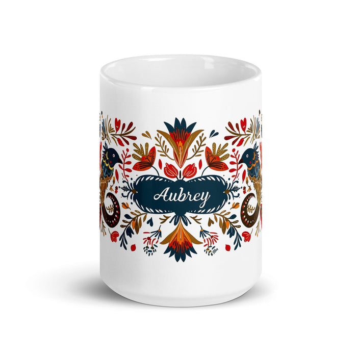 Aubrey Exclusive Name Art Piece Home Office Work Coffee Mug Mexican Spanish Pride Gift Cup One - Of - A - Kind Calligraphy White Glossy Mug | A16 - Mexicada