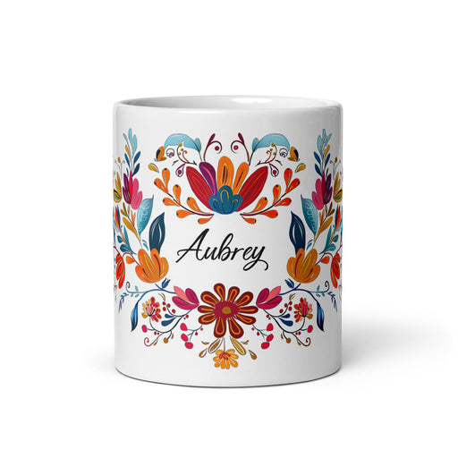 Aubrey Exclusive Name Art Piece Home Office Work Coffee Mug Mexican Spanish Pride Gift Cup One - Of - A - Kind Calligraphy White Glossy Mug | A18 - Mexicada