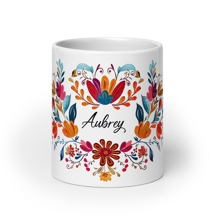 Aubrey Exclusive Name Art Piece Home Office Work Coffee Mug Mexican Spanish Pride Gift Cup One - Of - A - Kind Calligraphy White Glossy Mug | A18 - Mexicada