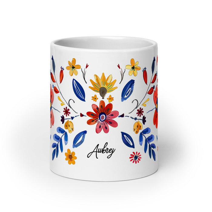 Aubrey Exclusive Name Art Piece Home Office Work Coffee Mug Mexican Spanish Pride Gift Cup One - Of - A - Kind Calligraphy White Glossy Mug | A21 - Mexicada