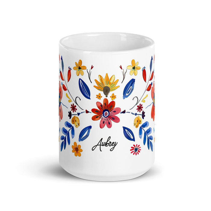 Aubrey Exclusive Name Art Piece Home Office Work Coffee Mug Mexican Spanish Pride Gift Cup One-Of-A-Kind Calligraphy White Glossy Mug | A21 Mexicada