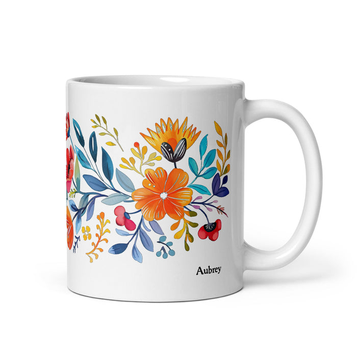 Aubrey Exclusive Name Art Piece Home Office Work Coffee Mug Mexican Spanish Pride Gift Cup One - Of - A - Kind Calligraphy White Glossy Mug | A23 - Mexicada