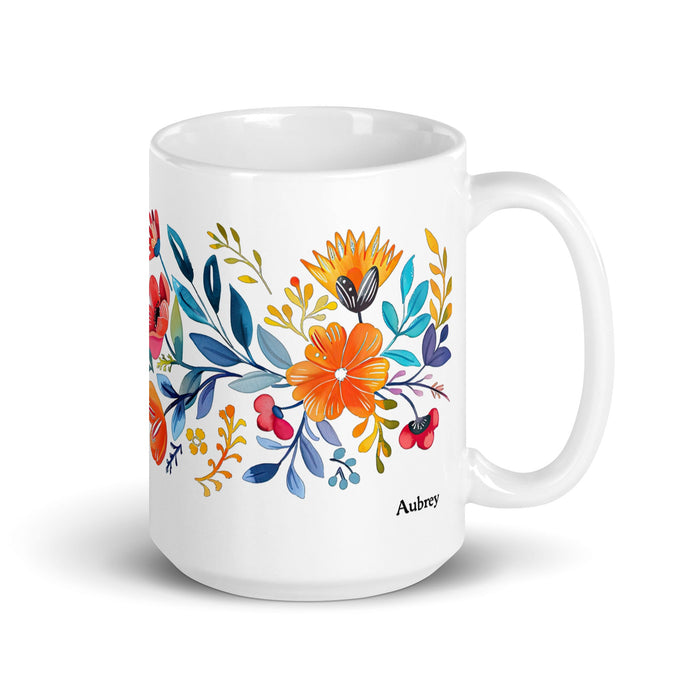 Aubrey Exclusive Name Art Piece Home Office Work Coffee Mug Mexican Spanish Pride Gift Cup One - Of - A - Kind Calligraphy White Glossy Mug | A23 - Mexicada