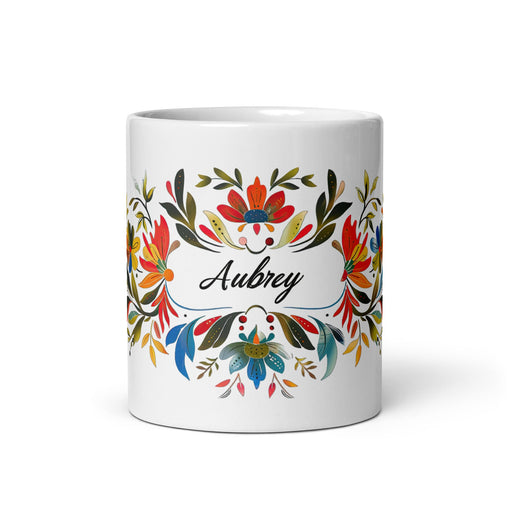 Aubrey Exclusive Name Art Piece Home Office Work Coffee Mug Mexican Spanish Pride Gift Cup One - Of - A - Kind Calligraphy White Glossy Mug | A25 - Mexicada