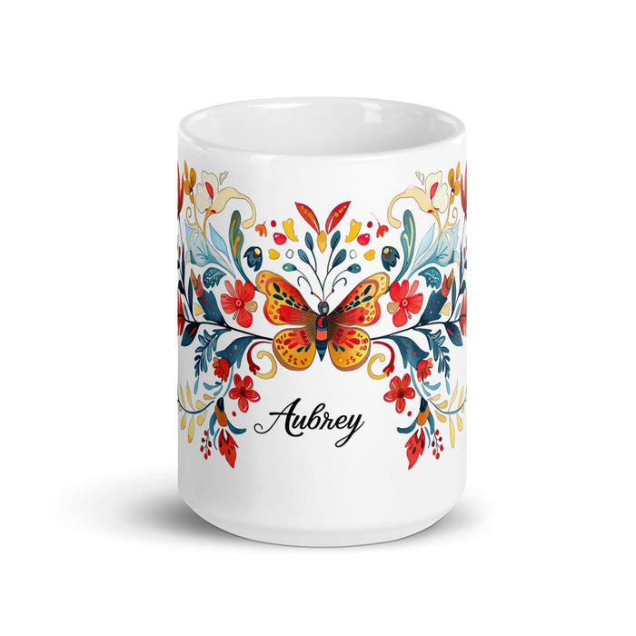 Aubrey Exclusive Name Art Piece Home Office Work Coffee Mug Mexican Spanish Pride Gift Cup One-Of-A-Kind Calligraphy White Glossy Mug | A7 Mexicada