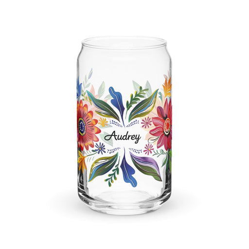 Audrey Exclusive Name Art Piece Can-Shaped Glass Home Office Work Mexican Spanish Pride Gift Cup One-Of-A-Kind Calligraphy Glass | A1 Mexicada 16 oz (No Lid No Straw)