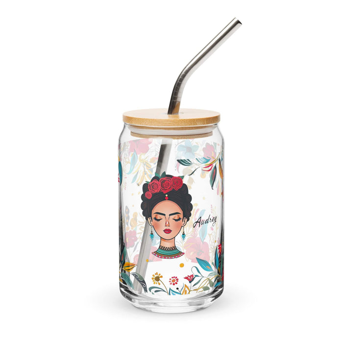 Audrey Exclusive Name Art Piece Can-Shaped Glass Home Office Work Mexican Spanish Pride Gift Cup One-Of-A-Kind Calligraphy Glass | A13 Mexicada 16 oz With Lid & Straw