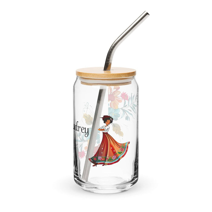 Audrey Exclusive Name Art Piece Can-Shaped Glass Home Office Work Mexican Spanish Pride Gift Cup One-Of-A-Kind Calligraphy Glass | A4 Mexicada 16 oz With Lid & Straw