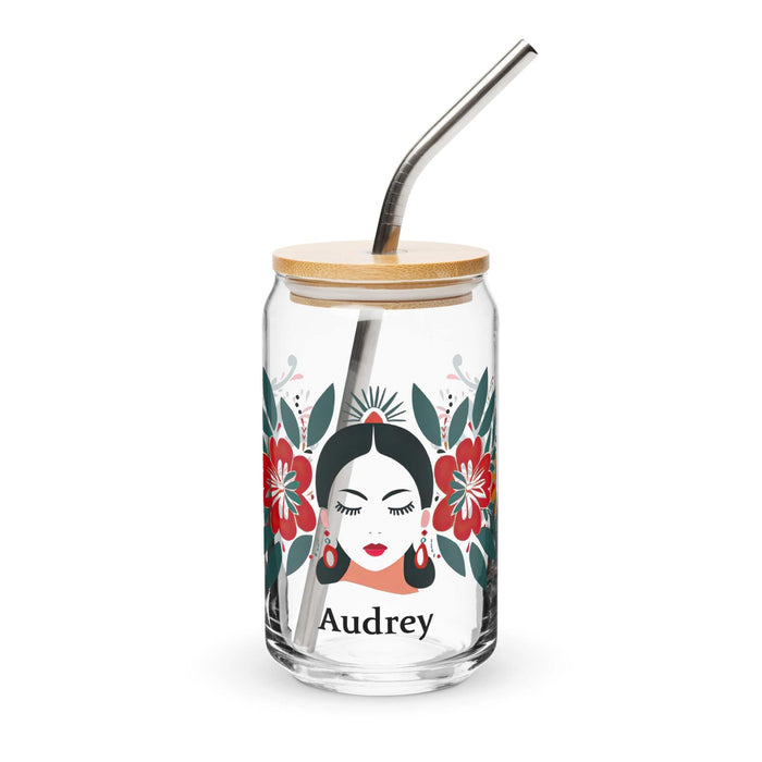 Audrey Exclusive Name Art Piece Can-Shaped Glass Home Office Work Mexican Spanish Pride Gift Cup One-Of-A-Kind Calligraphy Glass | A5 Mexicada 16 oz With Lid & Straw