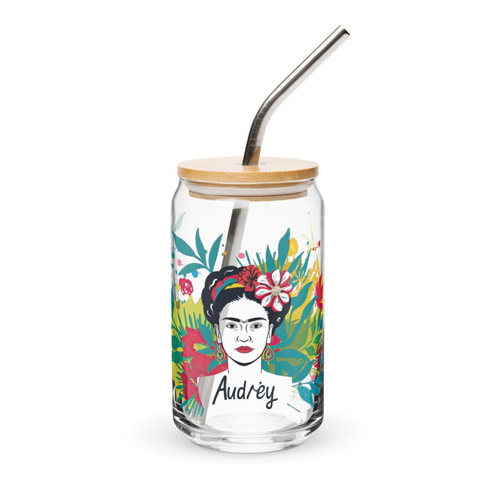 Audrey Exclusive Name Art Piece Can-Shaped Glass Home Office Work Mexican Spanish Pride Gift Cup One-Of-A-Kind Calligraphy Glass | A7 Mexicada 16 oz With Lid & Straw