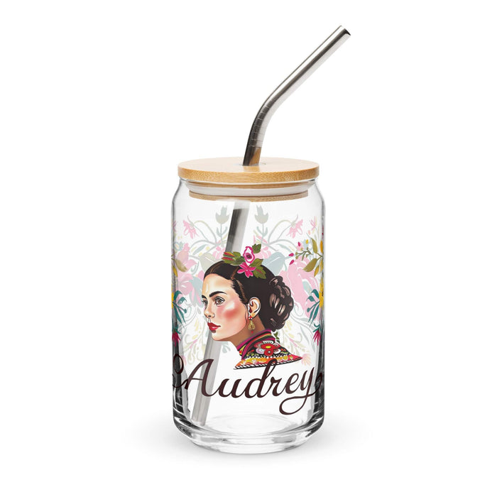 Audrey Exclusive Name Art Piece Can-Shaped Glass Home Office Work Mexican Spanish Pride Gift Cup One-Of-A-Kind Calligraphy Glass | A8 Mexicada 16 oz With Lid & Straw