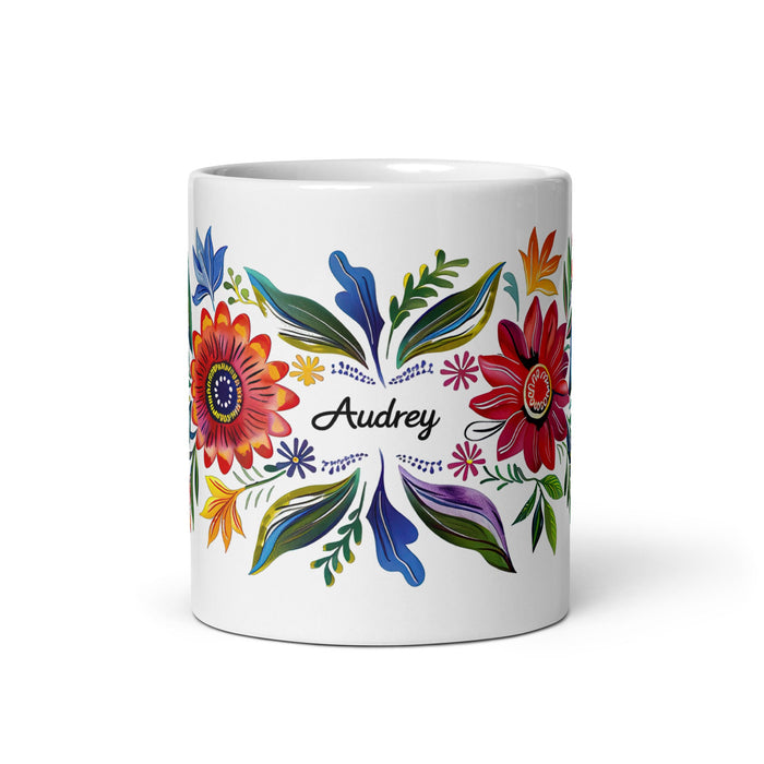 Audrey Exclusive Name Art Piece Home Office Work Coffee Mug Mexican Spanish Pride Gift Cup One - Of - A - Kind Calligraphy White Glossy Mug | A1 - Mexicada