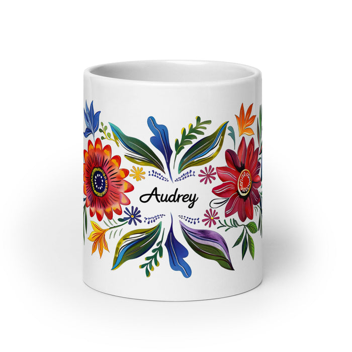 Audrey Exclusive Name Art Piece Home Office Work Coffee Mug Mexican Spanish Pride Gift Cup One - Of - A - Kind Calligraphy White Glossy Mug | A1 - Mexicada