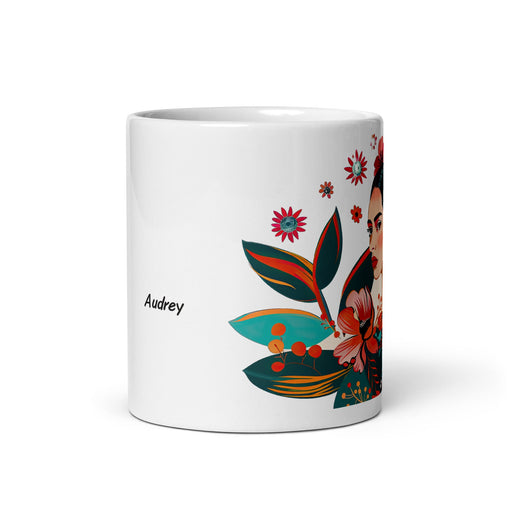 Audrey Exclusive Name Art Piece Home Office Work Coffee Mug Mexican Spanish Pride Gift Cup One - Of - A - Kind Calligraphy White Glossy Mug | A10 - Mexicada