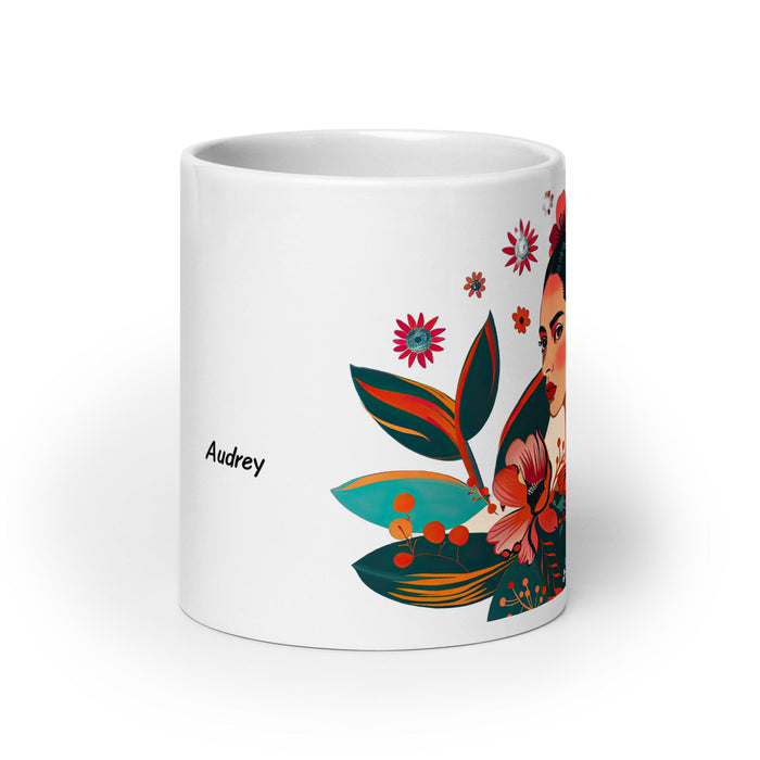 Audrey Exclusive Name Art Piece Home Office Work Coffee Mug Mexican Spanish Pride Gift Cup One - Of - A - Kind Calligraphy White Glossy Mug | A10 - Mexicada