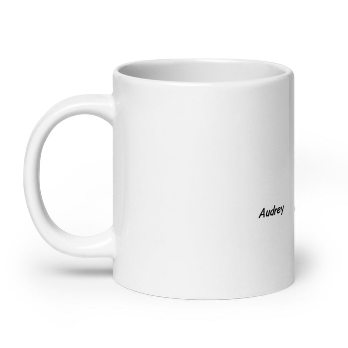 Audrey Exclusive Name Art Piece Home Office Work Coffee Mug Mexican Spanish Pride Gift Cup One-Of-A-Kind Calligraphy White Glossy Mug | A10 Mexicada