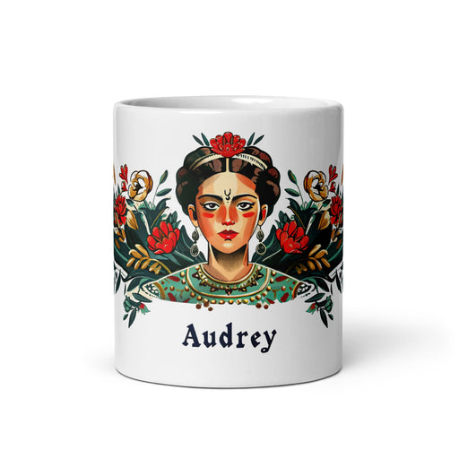 Audrey Exclusive Name Art Piece Home Office Work Coffee Mug Mexican Spanish Pride Gift Cup One - Of - A - Kind Calligraphy White Glossy Mug | A11 - Mexicada