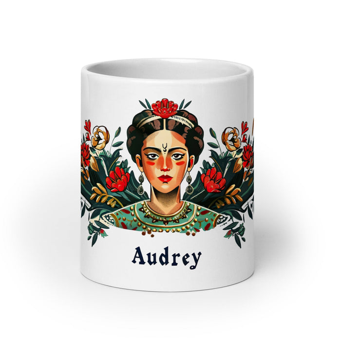 Audrey Exclusive Name Art Piece Home Office Work Coffee Mug Mexican Spanish Pride Gift Cup One-Of-A-Kind Calligraphy White Glossy Mug | A11 Mexicada