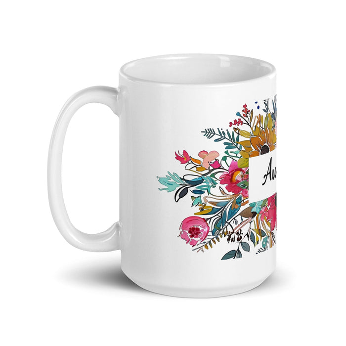 Audrey Exclusive Name Art Piece Home Office Work Coffee Mug Mexican Spanish Pride Gift Cup One-Of-A-Kind Calligraphy White Glossy Mug | A12 Mexicada