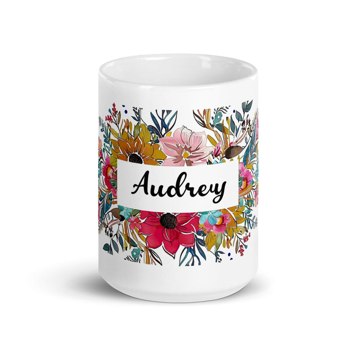 Audrey Exclusive Name Art Piece Home Office Work Coffee Mug Mexican Spanish Pride Gift Cup One-Of-A-Kind Calligraphy White Glossy Mug | A12 Mexicada