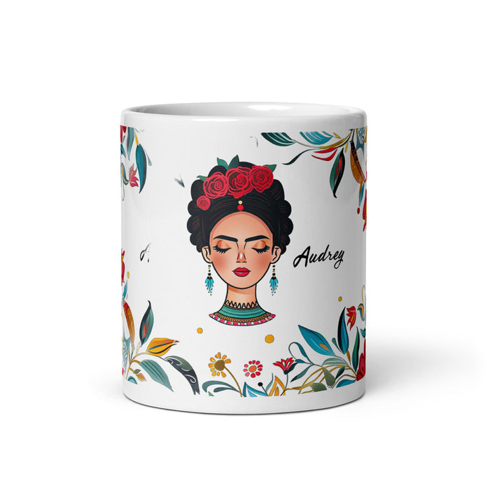 Audrey Exclusive Name Art Piece Home Office Work Coffee Mug Mexican Spanish Pride Gift Cup One - Of - A - Kind Calligraphy White Glossy Mug | A13 - Mexicada